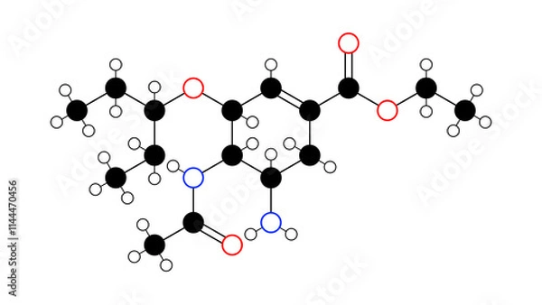Fototapeta oseltamivir molecule, structural chemical formula, ball-and-stick model, isolated image antiviral