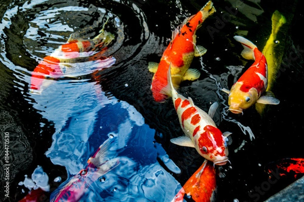 Fototapeta Koi fish, red, white and yellow goldfish in a garden water pond. Focus on fish ,noisy, exposure, similar others