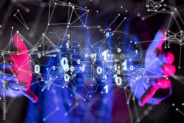 Obraz Neural network 3D illustration. Big data and cybersecurity