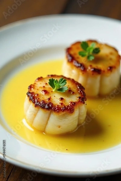 Obraz Pan-seared scallops with garlic butter sauce on a white plate, nouveau riche, garlic butter, sauce