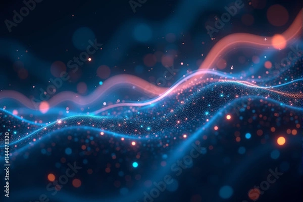 Fototapeta A dynamic AI data stream background with glowing particles, abstract patterns, and futuristic flowing digital elements..