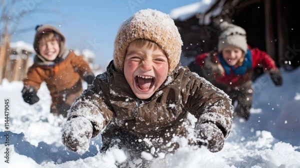 Fototapeta Three children tumble through the snow, their laughter contagious. Bundled up in layers, they epitomize winter excitement and energy in the white wonderland.