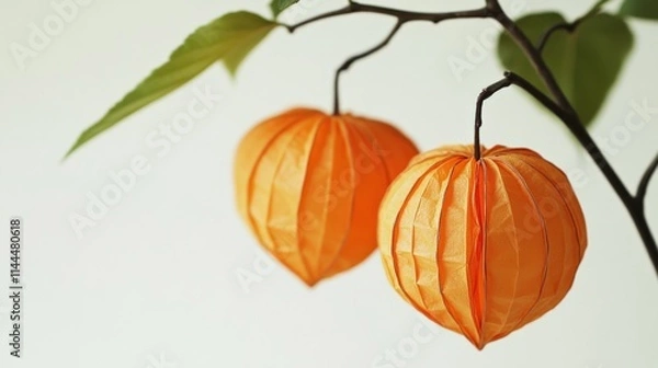 Fototapeta Two orange paper lanterns on a branch