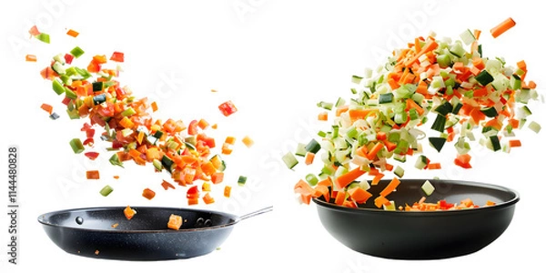 Fototapeta Various chopped vegetables flying into a pan isolated on a white background. Generative AI.