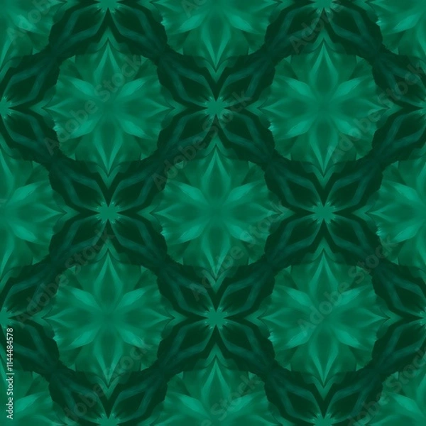 Fototapeta Emerald Kaleidoscope: A mesmerizing seamless pattern of intricately designed emerald green flowers, creating a luxurious and sophisticated textile design. Perfect for fashion, interiors, and branding.