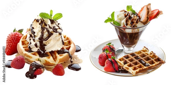 Fototapeta Waffles with ice cream, chocolate sauce and strawberries. Generative AI.