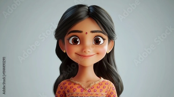 Fototapeta smiling Indian cartoon character portraying a young adult woman in a 3D style, set against a light background.