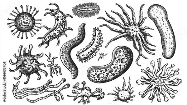 Obraz High-Quality Illustration Set Featuring Various Bacteria and Viruses in Detailed Artistic Style