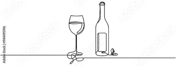 Obraz continuous line of wine bottles and glasses.one line drawing vector of wine bottles and glasses.wine drawn in one simple line, Beer glass and bottle one continuous line drawing vector illustration.