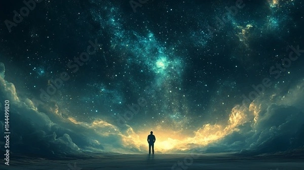 Fototapeta A lone figure stands on a vast, ethereal landscape, gazing up at a breathtaking, vibrant nebula-filled night sky.