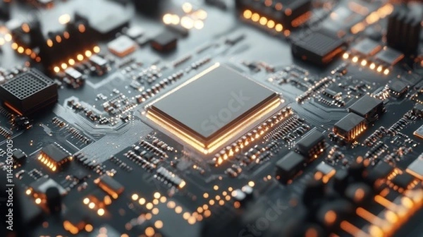 Fototapeta Close-up of Illuminated Microchip on Circuit Board.