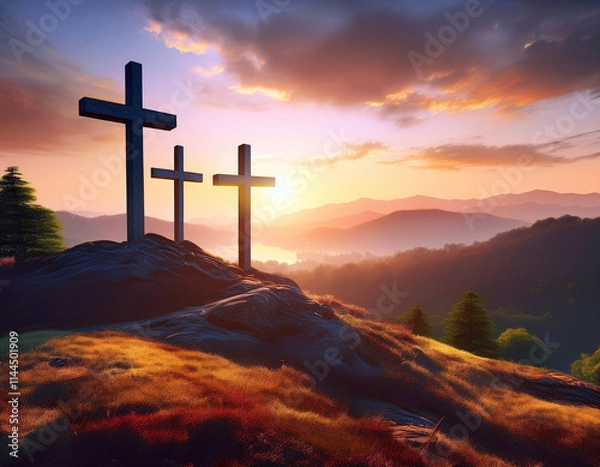 Obraz Three Christian Crosses on a Hill