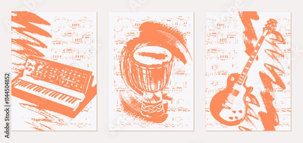 Fototapeta Set of musical backgrounds. Vintage templates with synthesizer, djembe, guitar on the background of sheet music. Vector. Abstract brush strokes with paint texture.