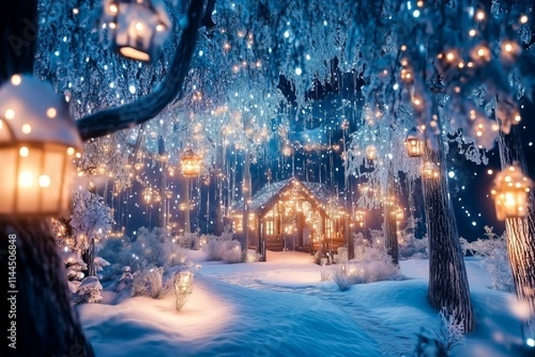 Fototapeta Festive shining fairytale snowy winter wonderland forest with illuminated wooden hut in the snowfall, icicles, glowing lanterns at night. AI generated illustration.