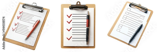 Fototapeta Set of A 3D rendering of a clipboard with a checklist paper note icon on transparent png background