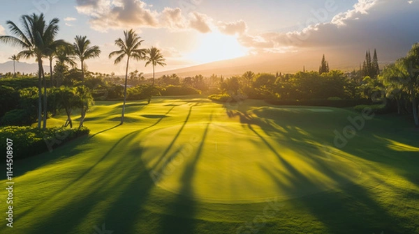 Fototapeta Sunset on a golf course, with the sun's light spreading across the green, creating a peaceful scene.