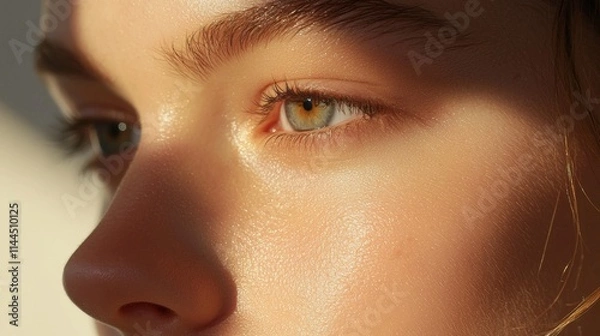 Fototapeta A close-up of a person's face, highlighting striking green eyes and smooth skin illuminated by soft natural light.