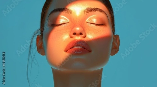 Fototapeta A close-up of a serene face with closed eyes, illuminated by soft light and shadow, set against a vibrant blue background.