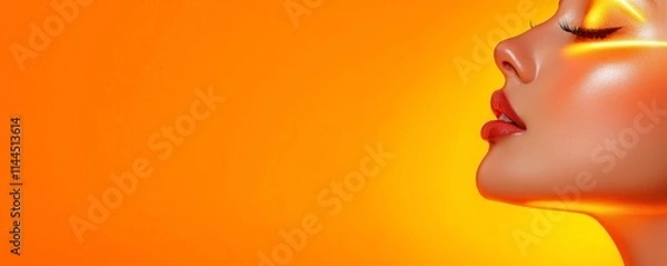 Fototapeta A close-up profile of a glowing face against a vibrant orange background, showcasing radiant skin and a serene expression.