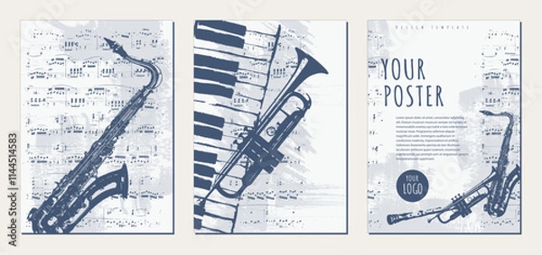 Fototapeta Musical texture backgrounds. Set of vintage background templates with trumpet, saxophone, piano keys and sheet music. Abstract brush strokes with paint texture. Vector.