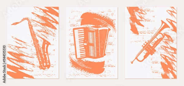 Fototapeta Set of musical backgrounds. Vintage templates with trumpet, saxophone, accordion on the background of sheet music. Vector. Abstract brush strokes with paint texture.