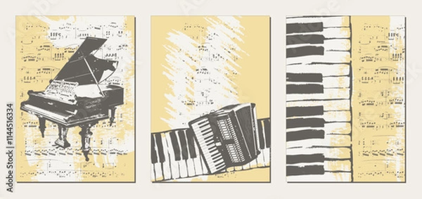 Fototapeta Vintage textured templates with grand piano, piano keys, accordion on the background of sheet music with stains and blots of paint. Set of musical backgrounds. Vector.