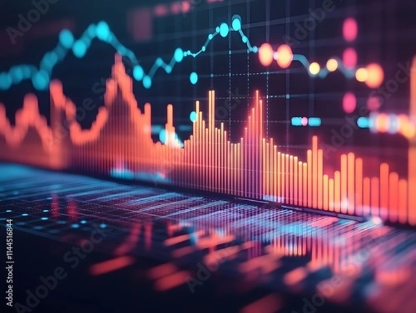 Obraz Abstract financial data visualization with fluctuating graphs and charts displayed on a digital screen.
