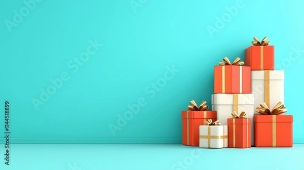 Fototapeta Festive Gift Boxes Stack  Red   White Presents  Holiday Background