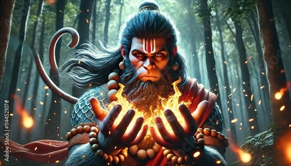 Fototapeta Realstic Hanuman Ji Unleashing Fire Energy In a mystical forest Generative AI, hanuman ji wallpaper Generative AI