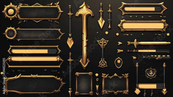 Fototapeta Game UI elements with gold frames in medieval style. Buttons, banners different shapes, progress bar, arrows and sliders with fantasy metal border, vector cartoon set