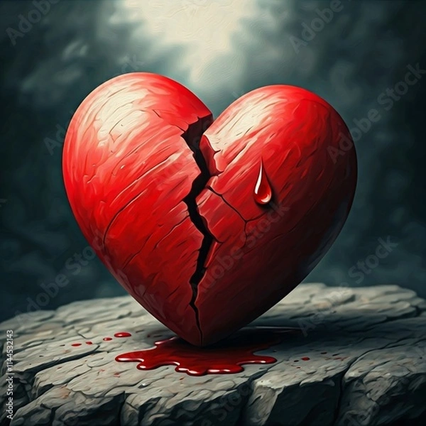 Obraz Heartbreak  A shattered red heart sits upon a rocky surface, a single tear rolling down its side.