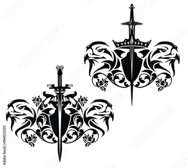 Obraz eagle bird heads with heraldic shield, king crown, knight sword and rose flowers - royal coat of arms black and white vector design set