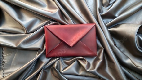 Fototapeta Red envelope placed on luxurious silk fabric with soft folds and natural light highlighting the texture, elegant luxury