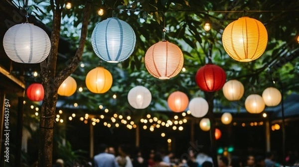 Fototapeta Colorful Lanterns Illuminate Evening Street Market