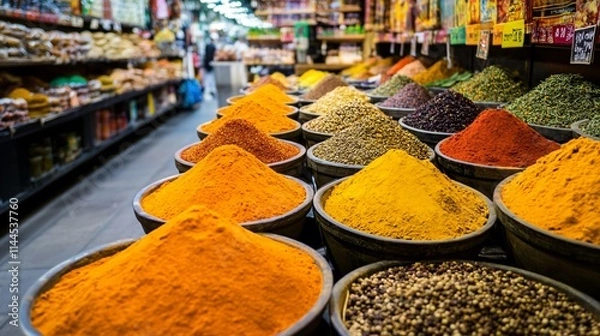 Fototapeta Colorful Spice Stalls in a Vibrant Market Scene