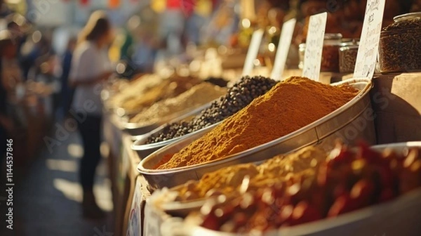 Fototapeta Vibrant Market Stalls Filled with Spices and Culture