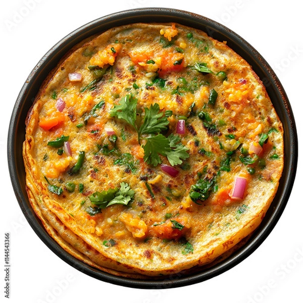 Fototapeta Top view of an extremely perfect looking moong dal dosa with rice in a dark metal pan isolated on a white transparent background