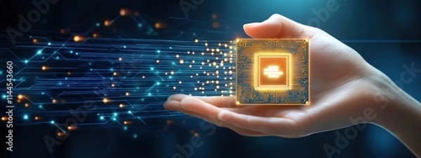 Fototapeta Quantum chip in a metallic hand, symbolizing the future of AI-human collaboration