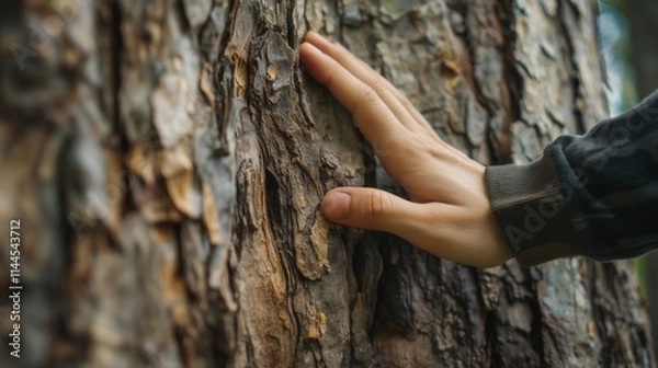 Obraz Person hand touching textured bark tree wood grounding ecological mindfulness
