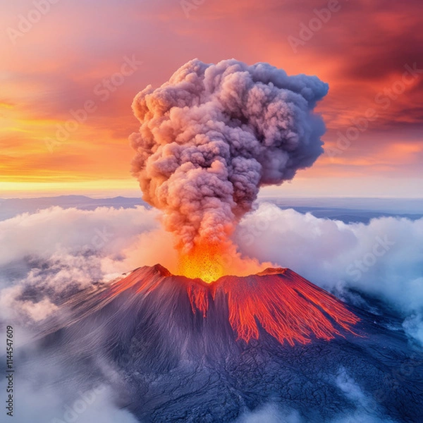 Fototapeta Majestic volcanic eruption with glowing lava and dramatic clouds at sunset. Generative AI