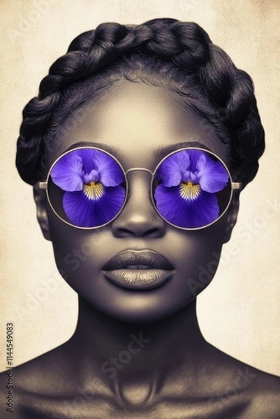 Fototapeta A stylish Black woman wearing round sunglasses with purple flower reflections, braided hairstyle, AI