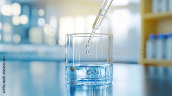 Fototapeta Science experiment, Close up of pipette delivering droplets into glass, showcasing precision and clarity in laboratory setting