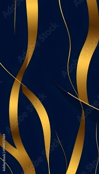 Fototapeta A sophisticated, modern abstract design featuring flowing gold lines on a deep navy blue backdrop.