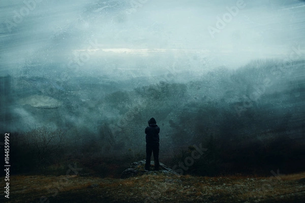 Obraz A lone hooded figure. Standing on the edge of a mountain. Onan eerie spooky winters day in the countryside. With a grunge abstract edit.