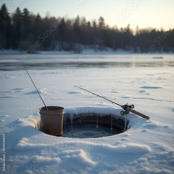 Fototapeta  Ice fishing setup on frozen lake during sunrise.