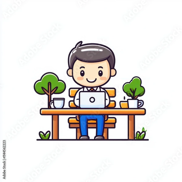 Fototapeta cheerful man working on laptop at park bench surrounded by trees and plants