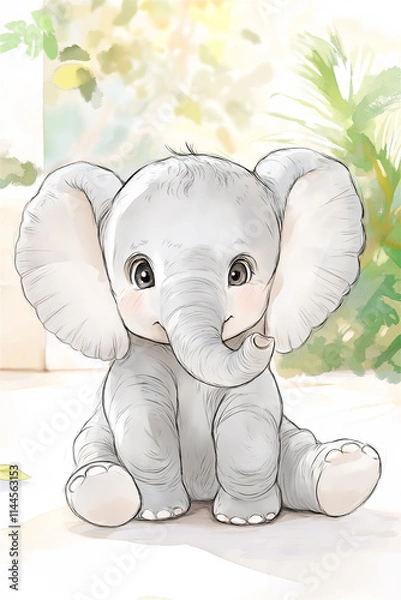 Fototapeta Illustration of a baby elephant sitting on a soft watercolor background. The cartoon style adds charm and whimsy, perfect for children’s content or creative designs.