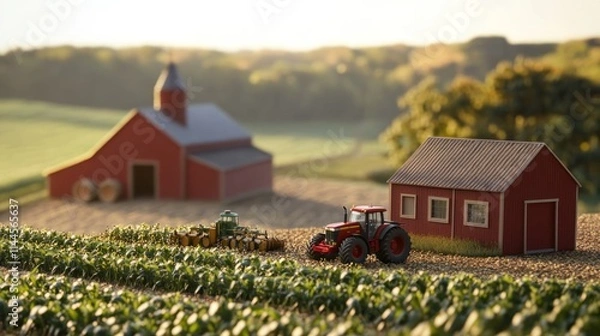 Obraz A miniature farm scene featuring a red barn, tractor, and crops in a rural landscape.