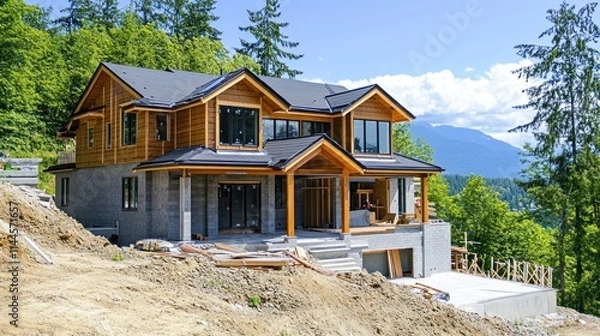 Obraz A modern house under construction in a forested area with mountains in the background.
