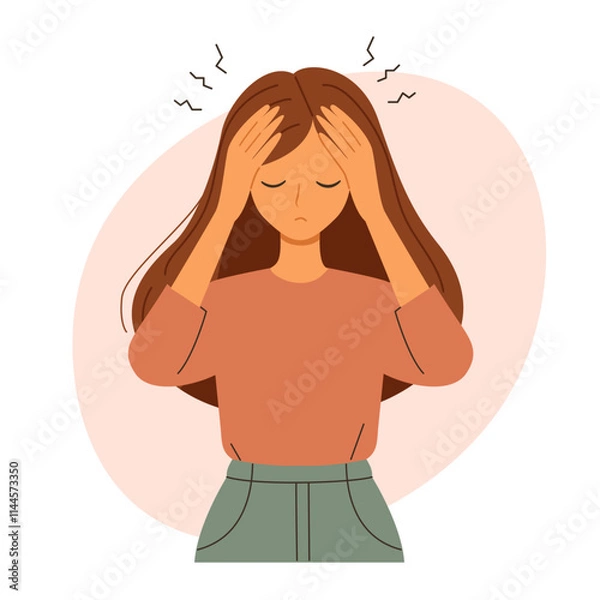 Obraz Young woman suffering from migraine holding head with hands. Sad woman with headache